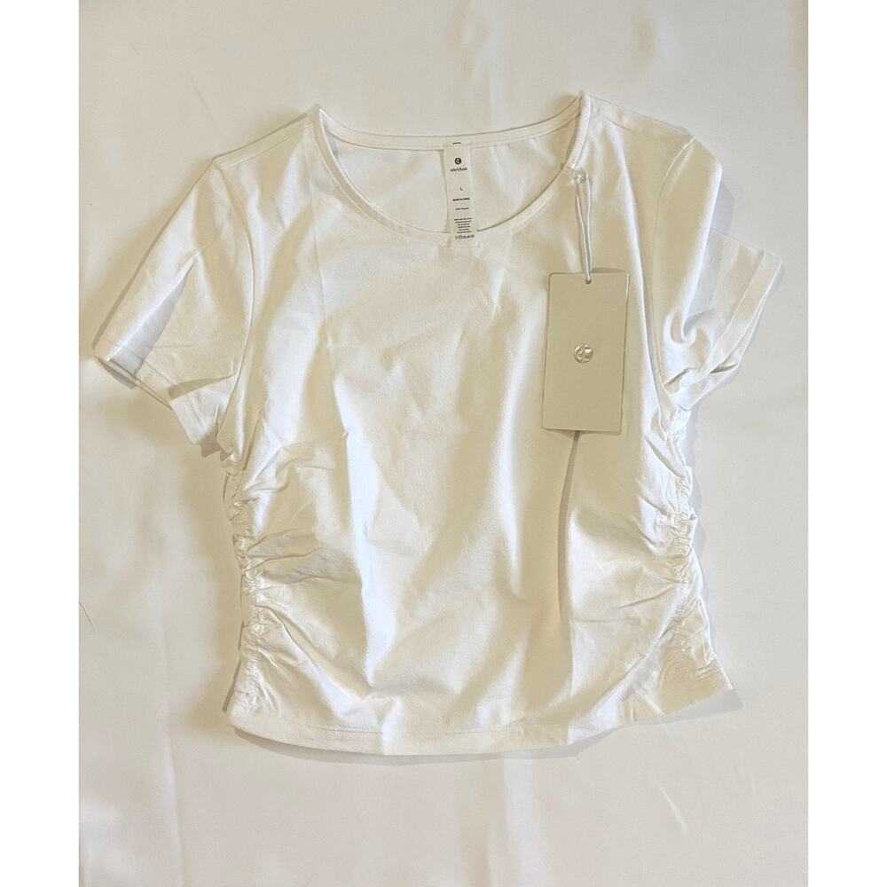 NWT Colorful Koala Size Large White Cinched-Side Crop Short Sleeve Workout Top